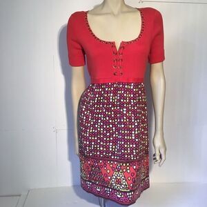Nanette Lepore Pink and Red Short-Sleeve Midi Dress